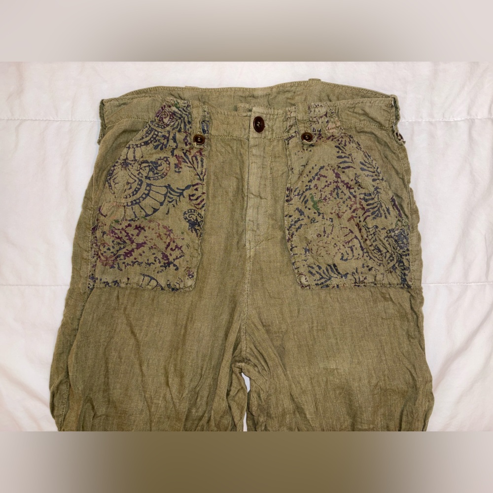 Free People Issa Cargo Pants Linen in Olive Green Bohemian Pattern - Size US 12 - Picture 6 of 16
